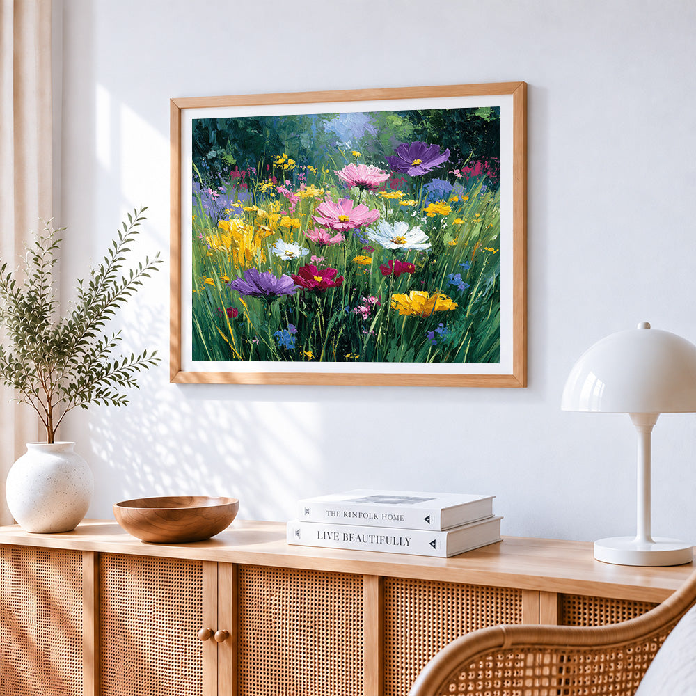 Wildflower garden in bloom cross stitch artwork displayed on wall as home decor