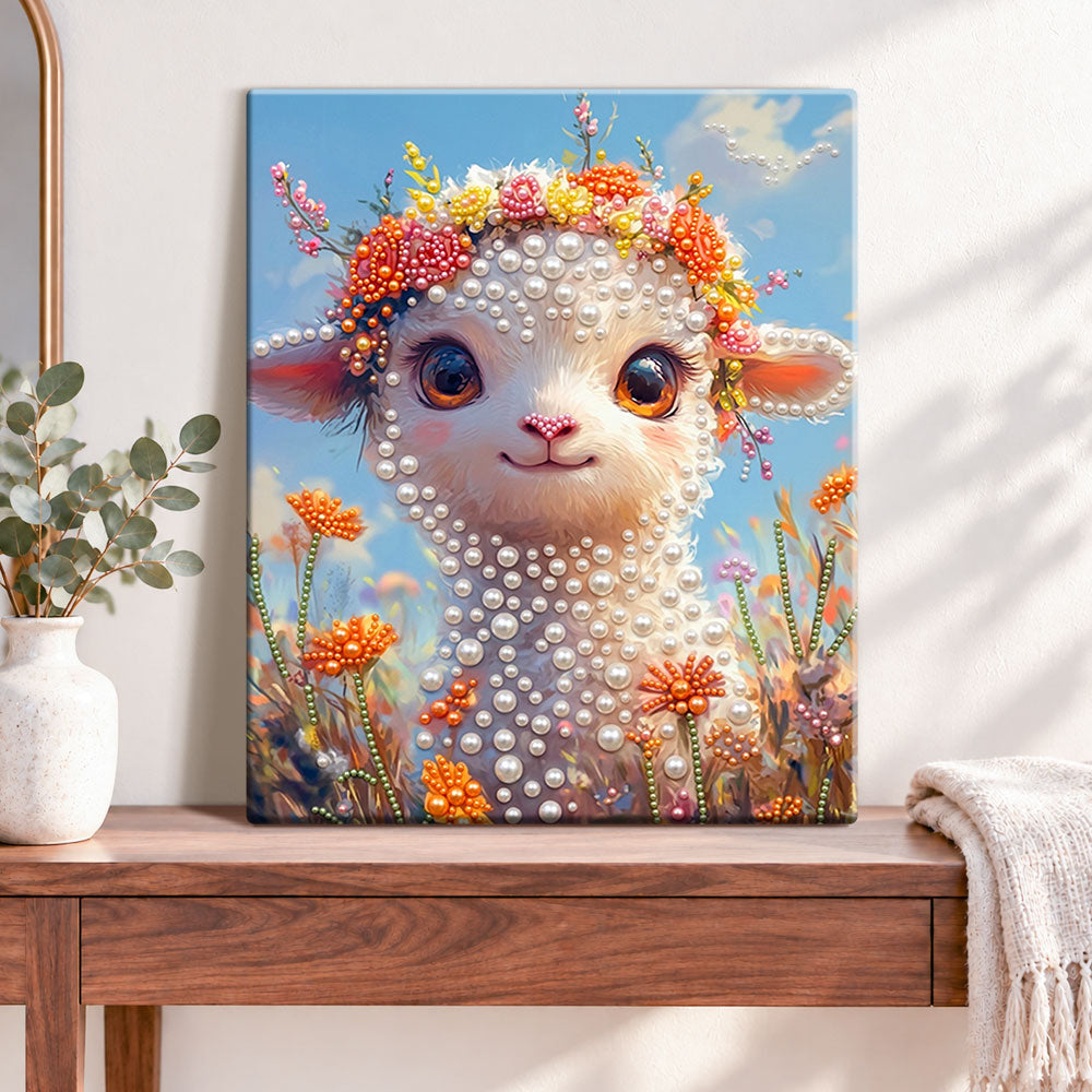 Finished wildflower lamb portrait pearl diamond painting artwork displayed as home decor