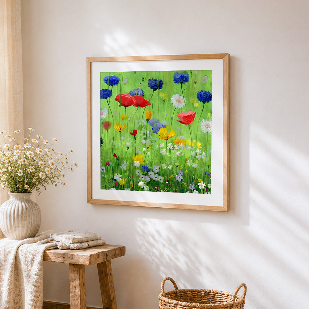 Wildflower meadow cross stitch artwork displayed on wall as home decor