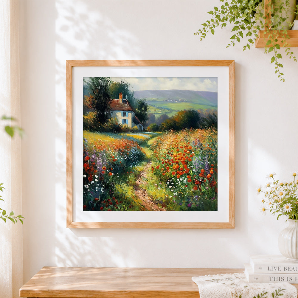Finished wildflower path to the cottage cross stitch artwork displayed