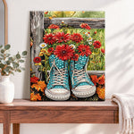 Finished wildflower sneaker art pearl diamond painting artwork displayed as home decor