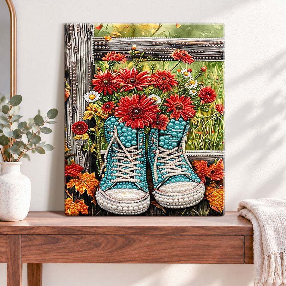 Finished wildflower sneaker art pearl diamond painting artwork displayed as home decor