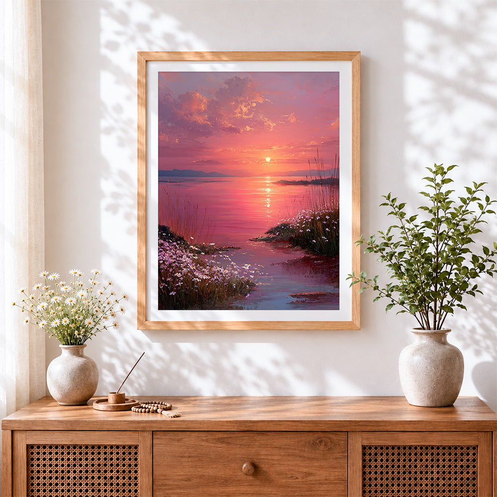 Finished wildflowers by the lake at sunset cross stitch artwork displayed