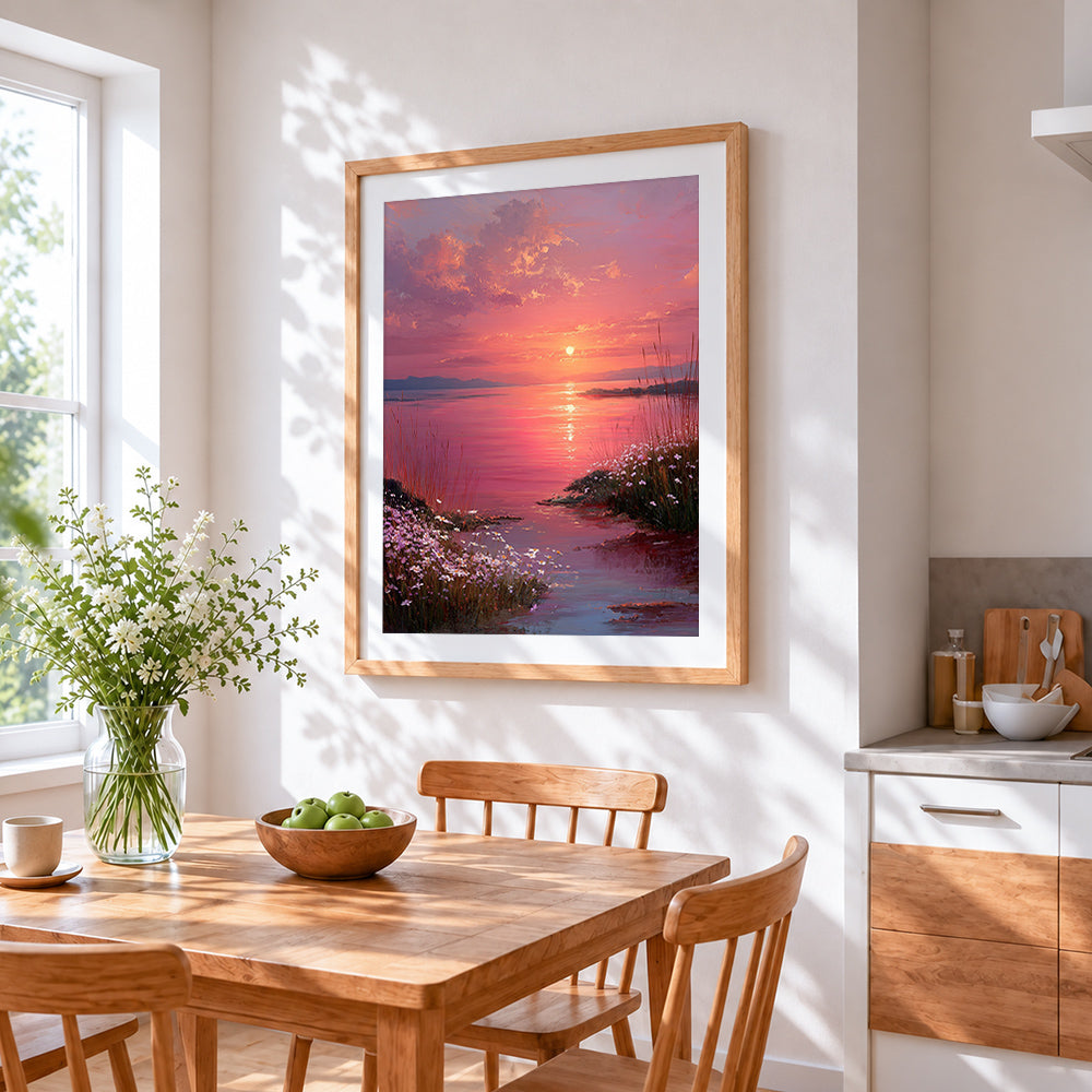 Wildflowers by the lake at sunset cross stitch artwork displayed on wall as home decor