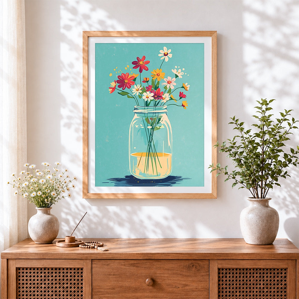 Finished wildflowers in a mason jar cross stitch artwork displayed