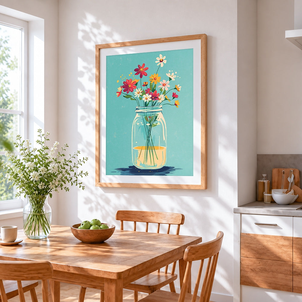Wildflowers in a mason jar cross stitch artwork displayed on wall as home decor