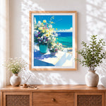 Finished wildflowers in a teal pot by the sea cross stitch artwork displayed