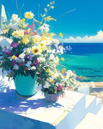 Wildflowers in a teal pot by the sea cross stitch kit for beginners