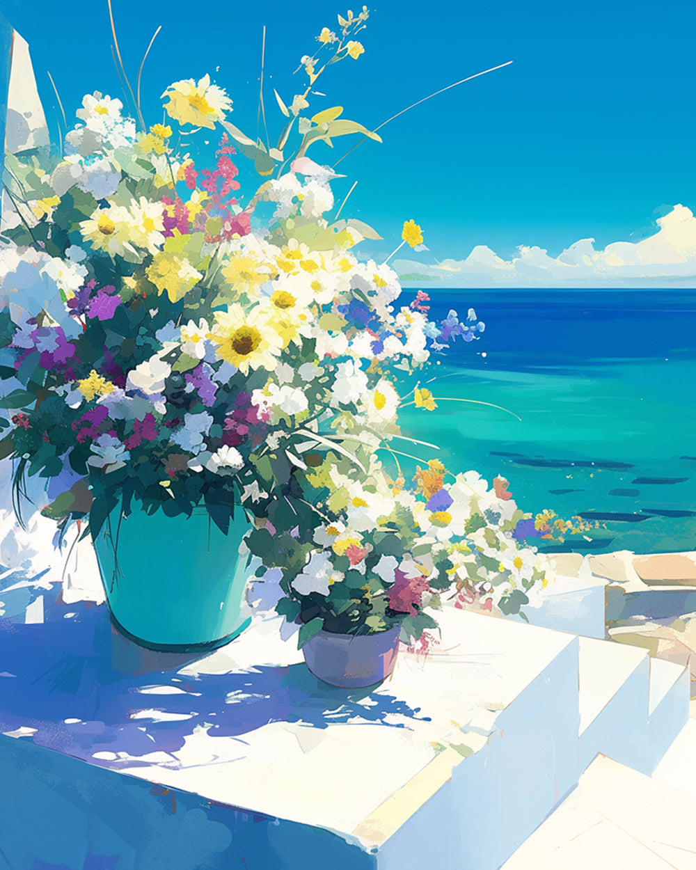 Wildflowers in a teal pot by the sea cross stitch kit for beginners