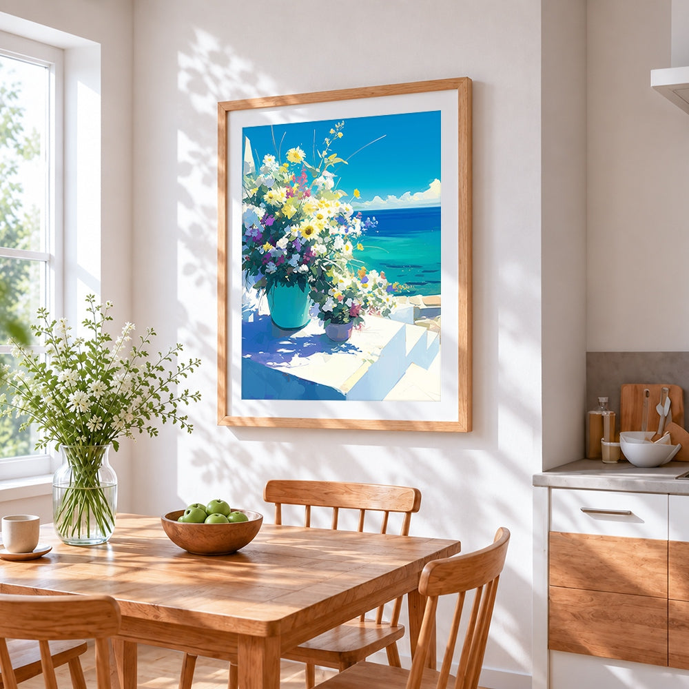 Wildflowers in a teal pot by the sea cross stitch artwork displayed on wall as home decor