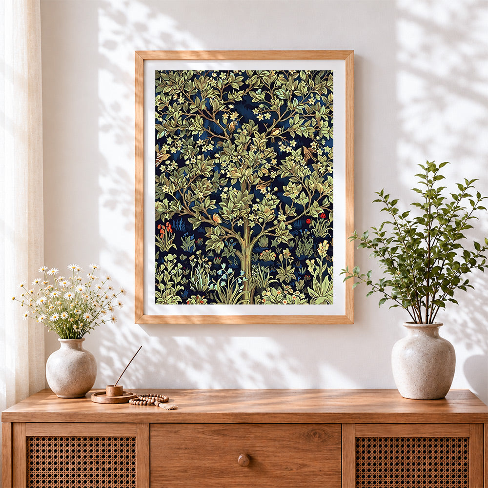 Finished william morris style floral tree cross stitch artwork displayed