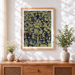 Finished william morris style floral tree cross stitch artwork displayed