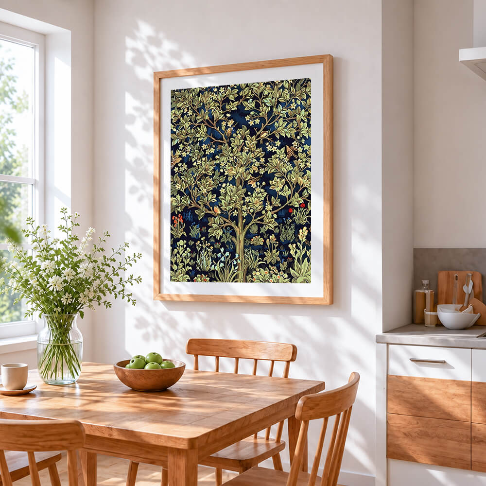 William morris style floral tree cross stitch artwork displayed on wall as home decor