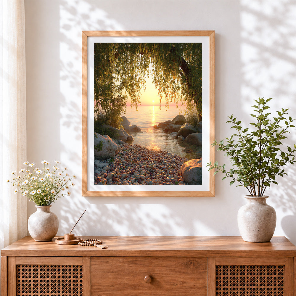 Finished willow tree framing a golden lake sunset cross stitch artwork displayed