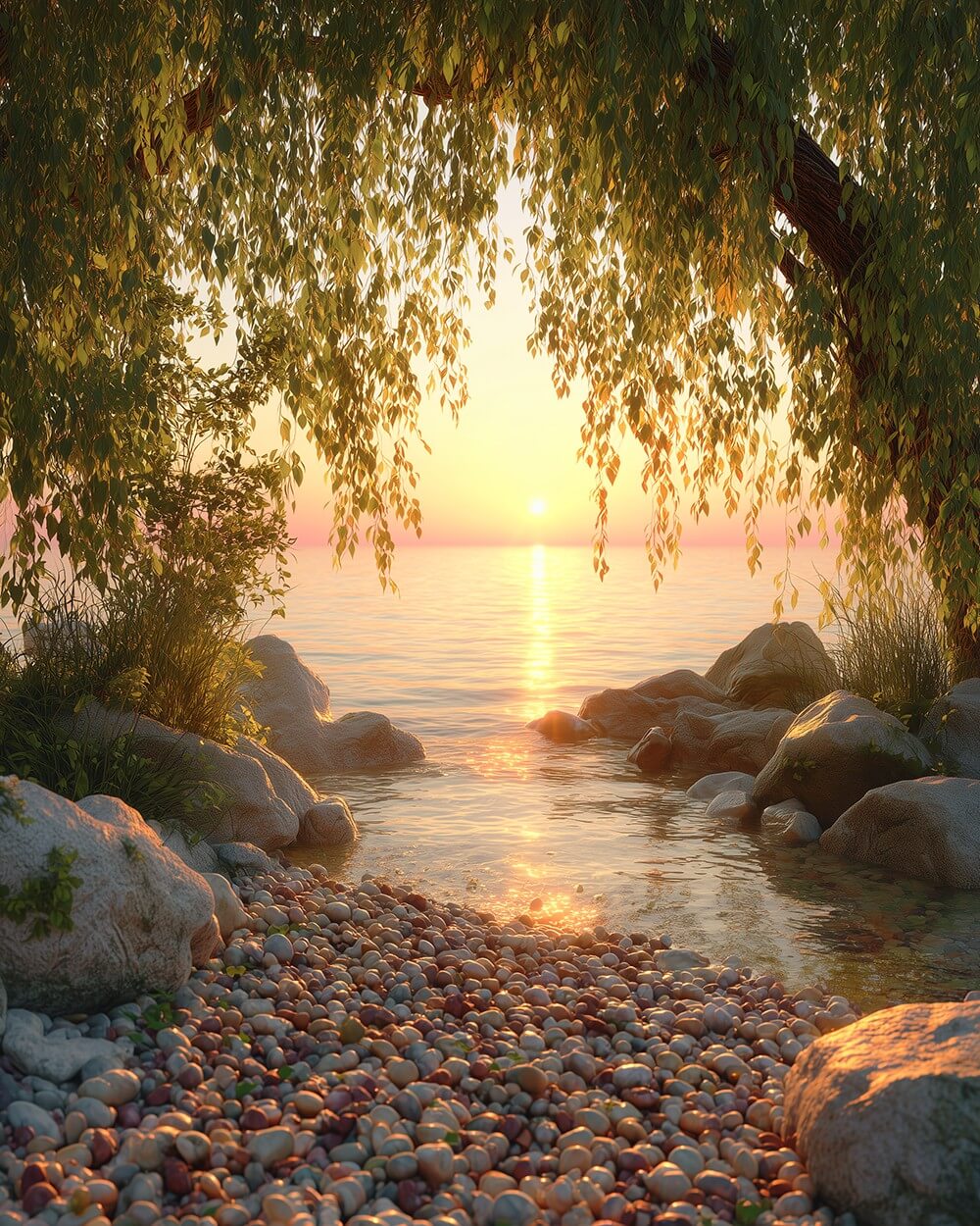 Willow tree framing a golden lake sunset cross stitch kit for beginners