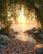 Willow tree framing a golden lake sunset cross stitch kit for beginners