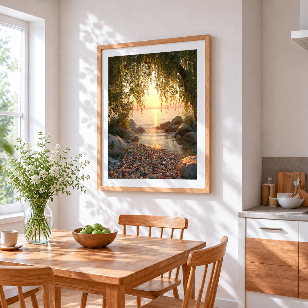 Willow tree framing a golden lake sunset cross stitch artwork displayed on wall as home decor