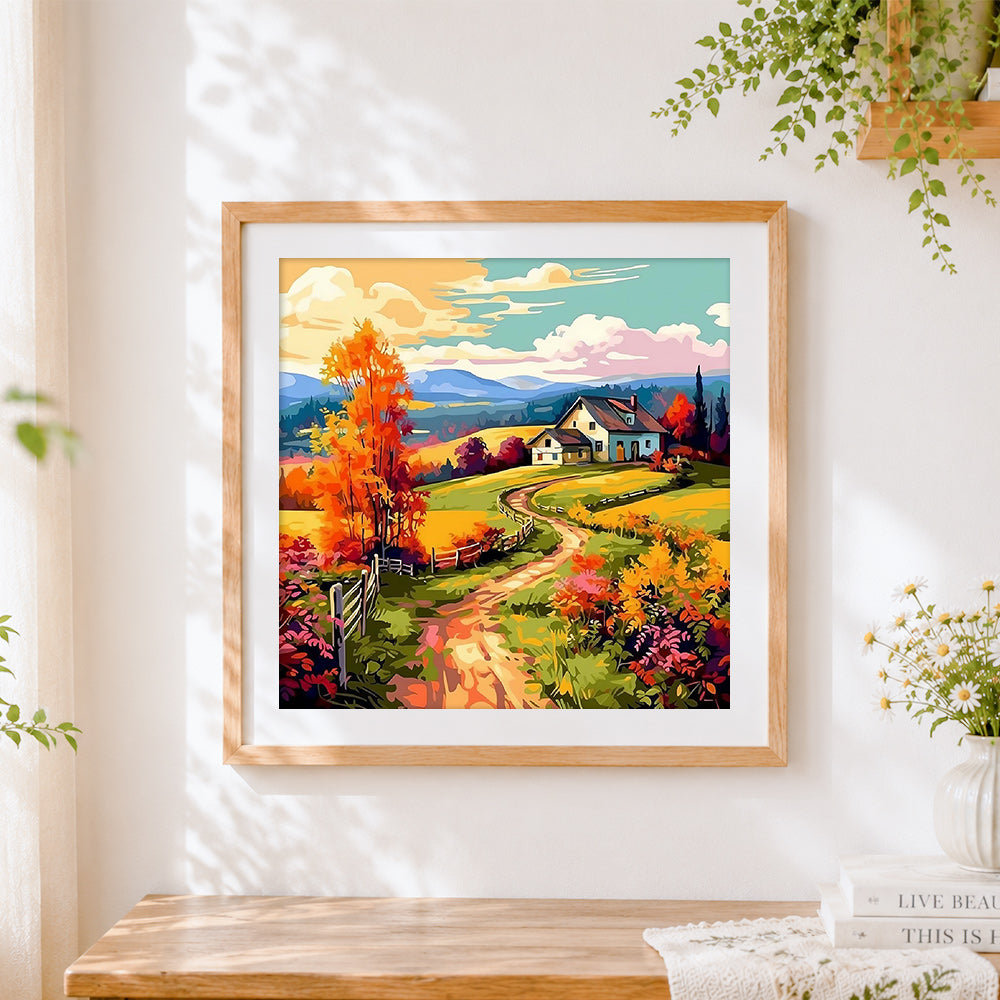 Finished winding autumn path to a farmhouse cross stitch artwork displayed