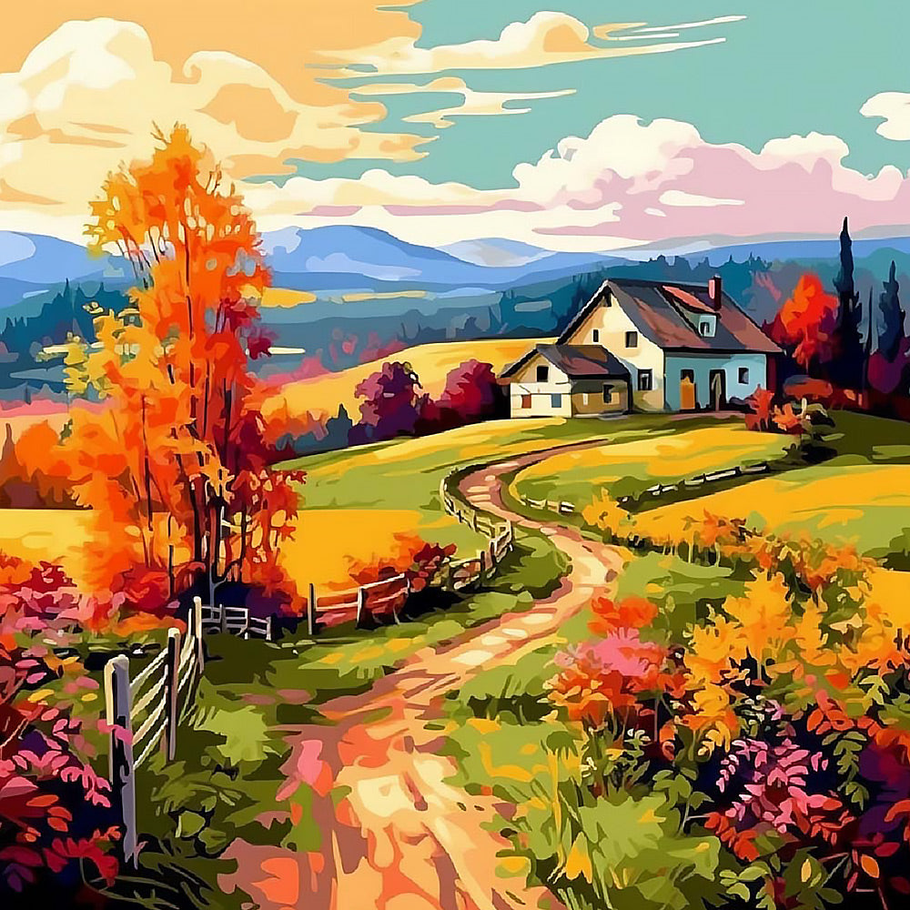 Winding autumn path to a farmhouse cross stitch kit for beginners