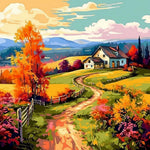 Winding autumn path to a farmhouse cross stitch kit for beginners