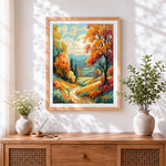 Finished winding autumn road cross stitch artwork displayed