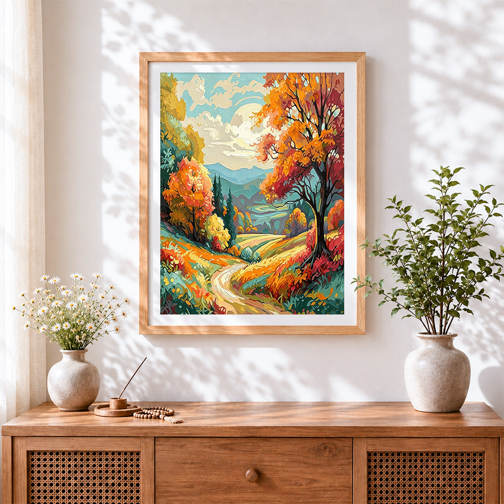 Finished winding autumn road cross stitch artwork displayed