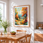 Winding autumn road cross stitch artwork displayed on wall as home decor