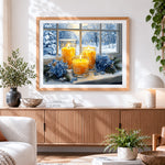 Finished window candles and snowy view cross stitch artwork displayed