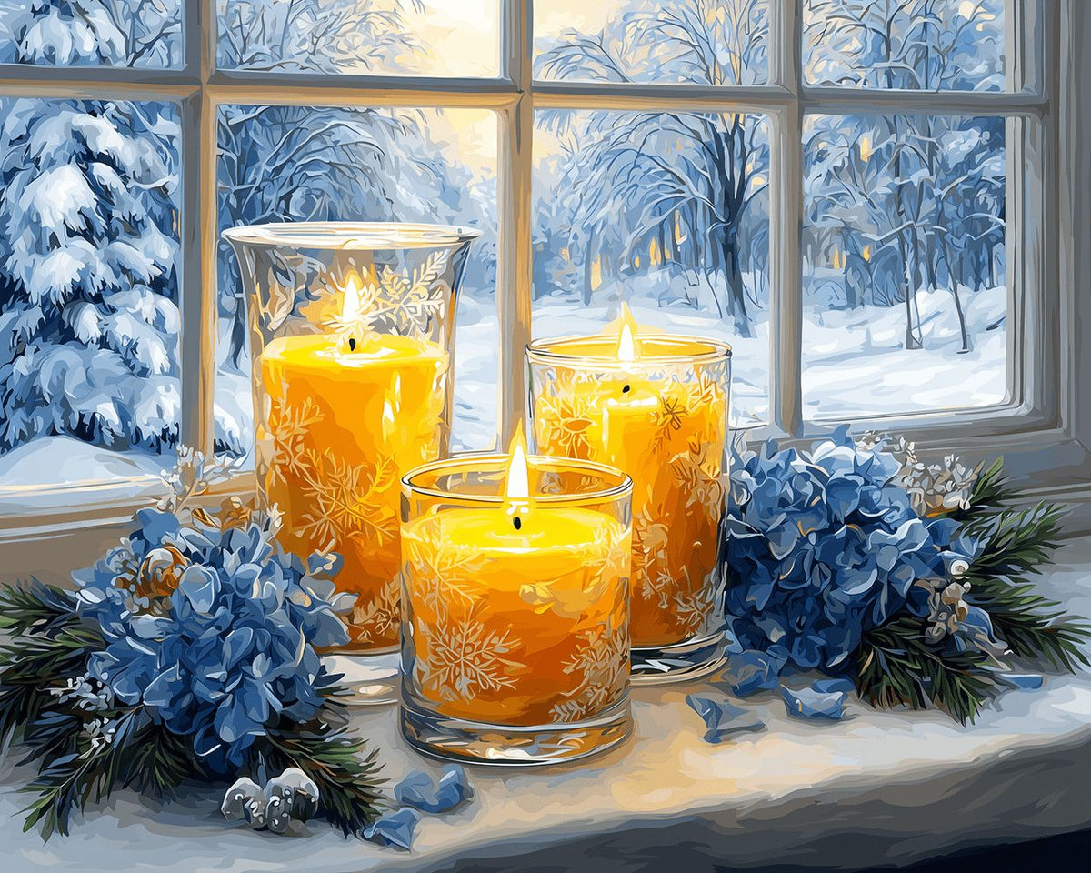 Window candles and snowy view cross stitch kit for beginners
