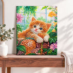 Finished window kitten in blooms pearl diamond painting artwork displayed as home decor