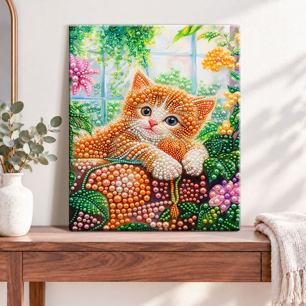 Finished window kitten in blooms pearl diamond painting artwork displayed as home decor