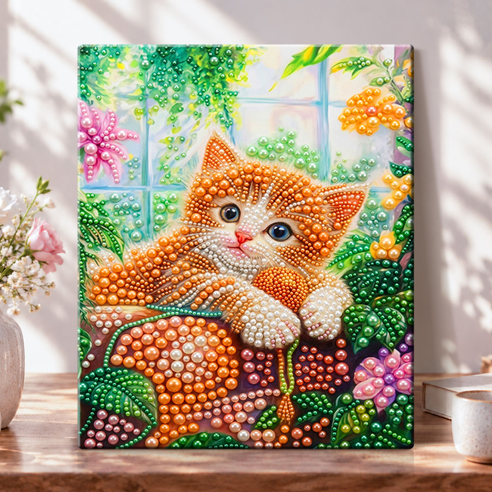 Window kitten in blooms pearl diamond painting kit for beginners