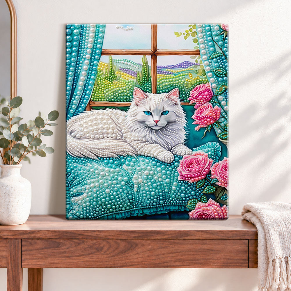 Finished windowside white cat pearl diamond painting artwork displayed as home decor