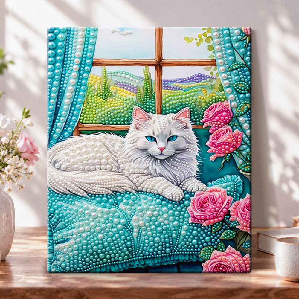 Windowside white cat pearl diamond painting kit for beginners