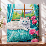 Windowside white cat pearl diamond painting kit for beginners