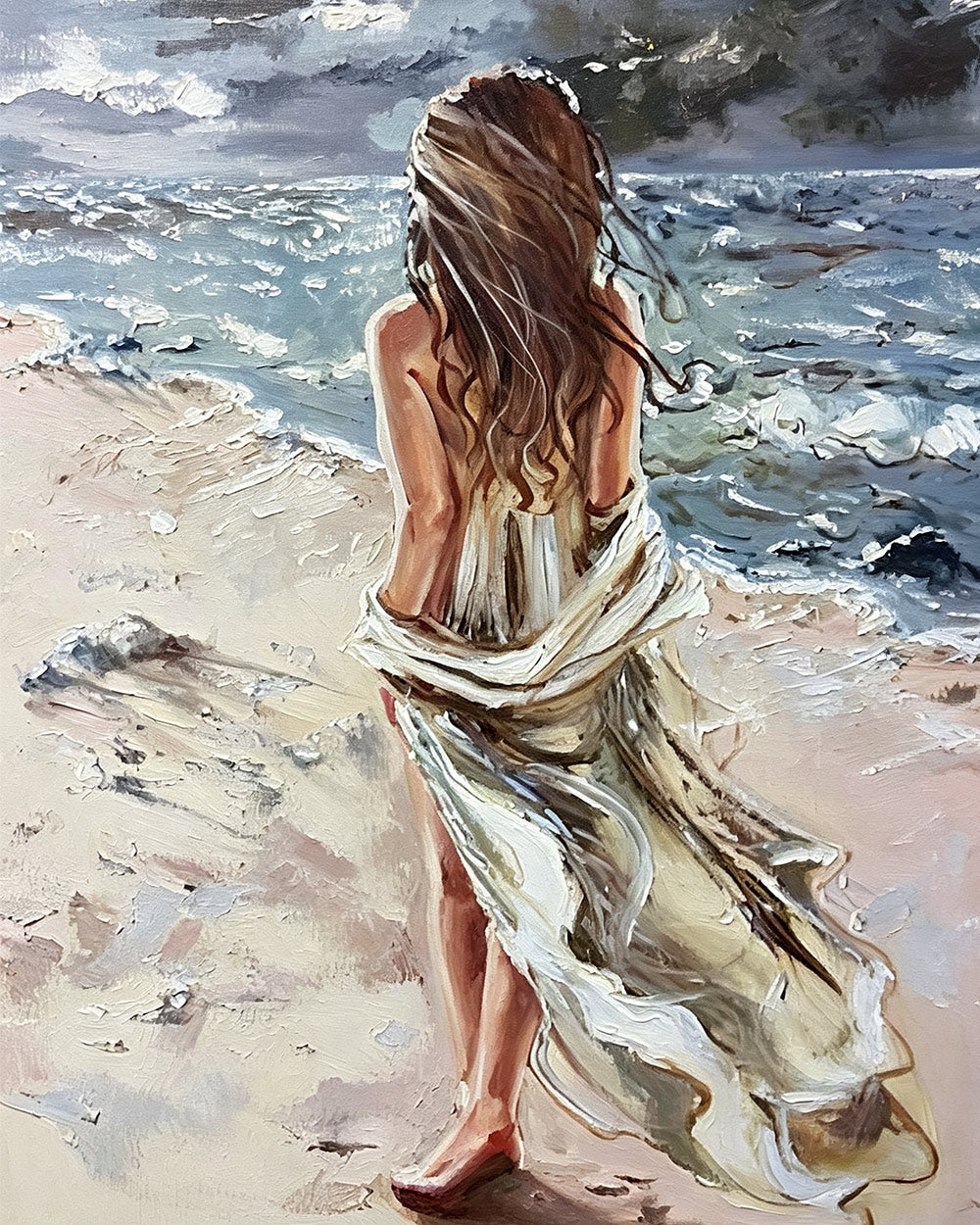 Windswept woman on beach cross stitch kit for beginners