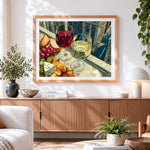 Finished wine and cheese in the city cross stitch artwork displayed