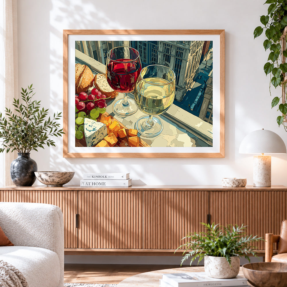 Finished wine and cheese in the city cross stitch artwork displayed