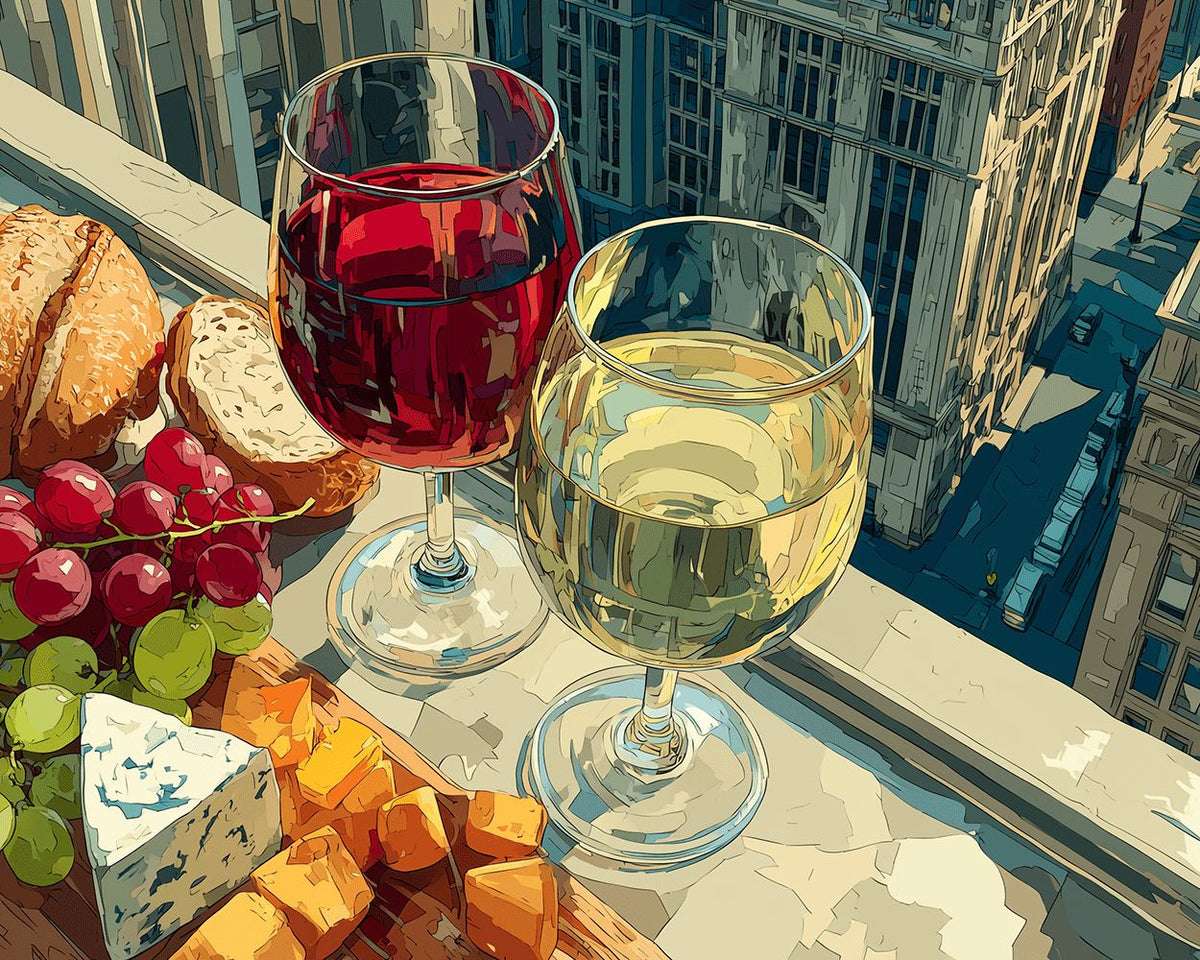 Wine and cheese in the city cross stitch kit for beginners