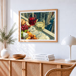 Wine and cheese in the city cross stitch artwork displayed on wall as home decor
