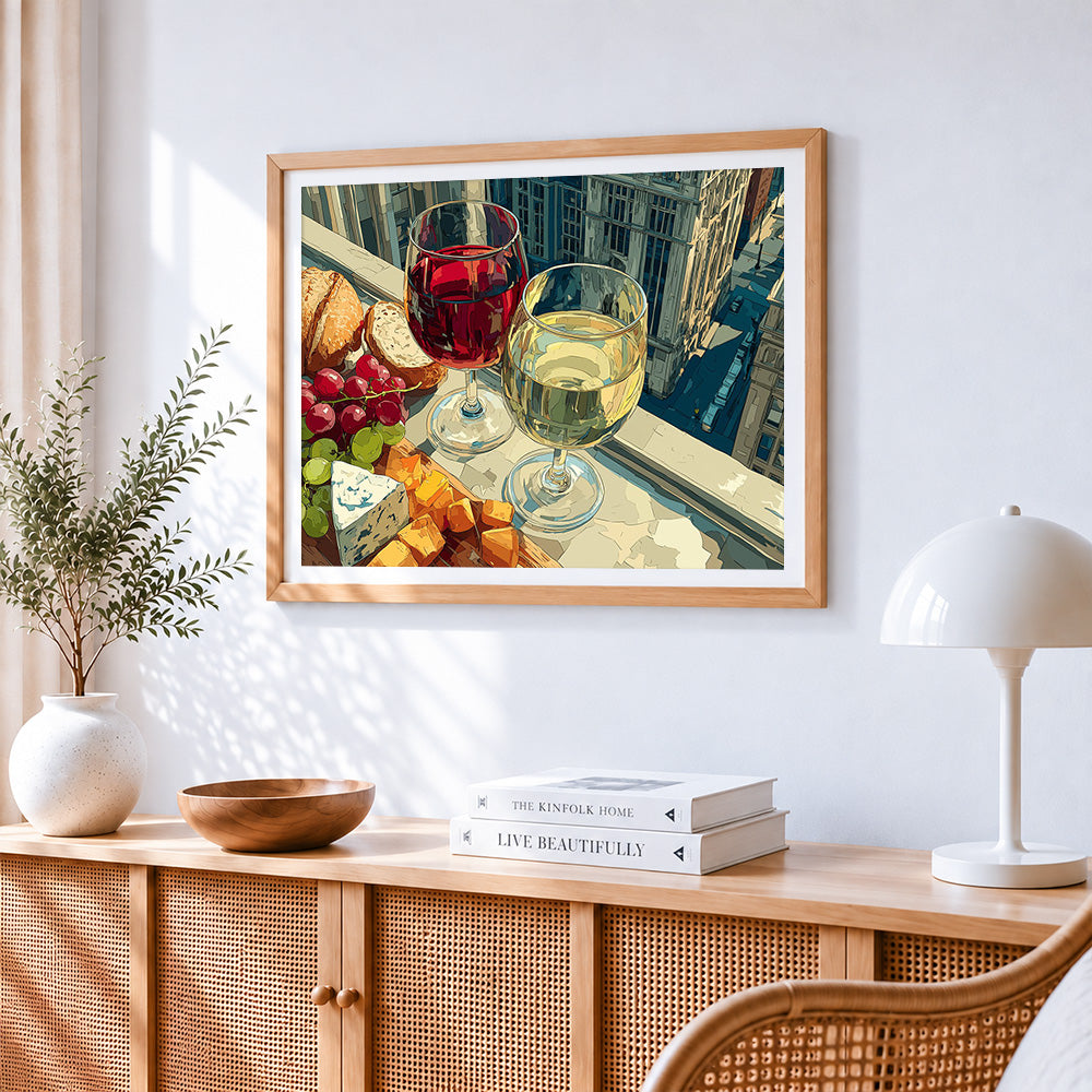 Wine and cheese in the city cross stitch artwork displayed on wall as home decor