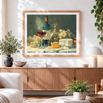 Finished wine cheese and grapes paint by numbers artwork displayed as home decor