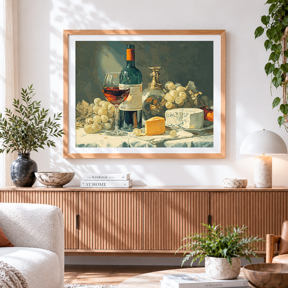 Finished wine cheese and grapes paint by numbers artwork displayed as home decor