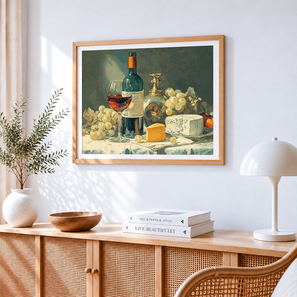 Wine cheese and grapes paint by numbers artwork displayed on wall as home decor
