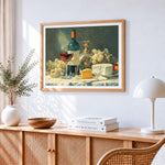 Wine cheese and grapes paint by numbers artwork displayed on wall as home decor