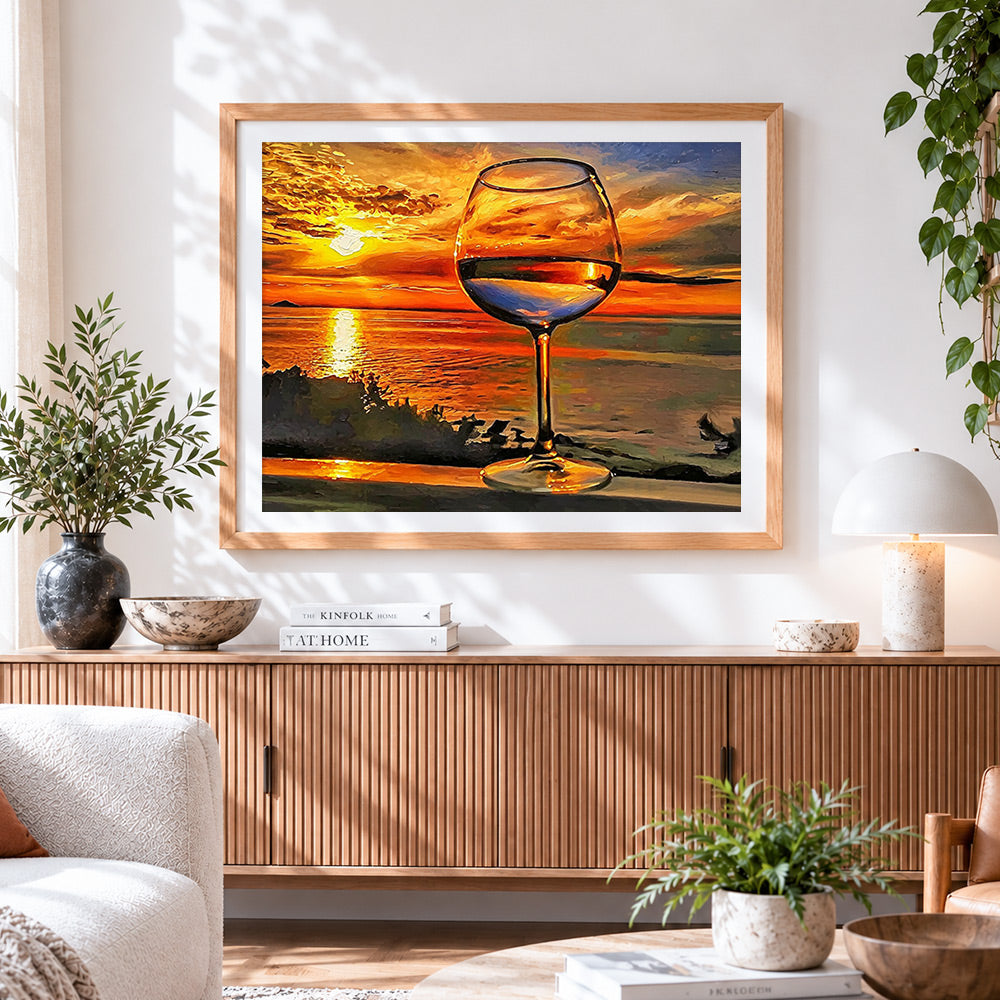 Finished wine glass by the sea at sunset cross stitch artwork displayed
