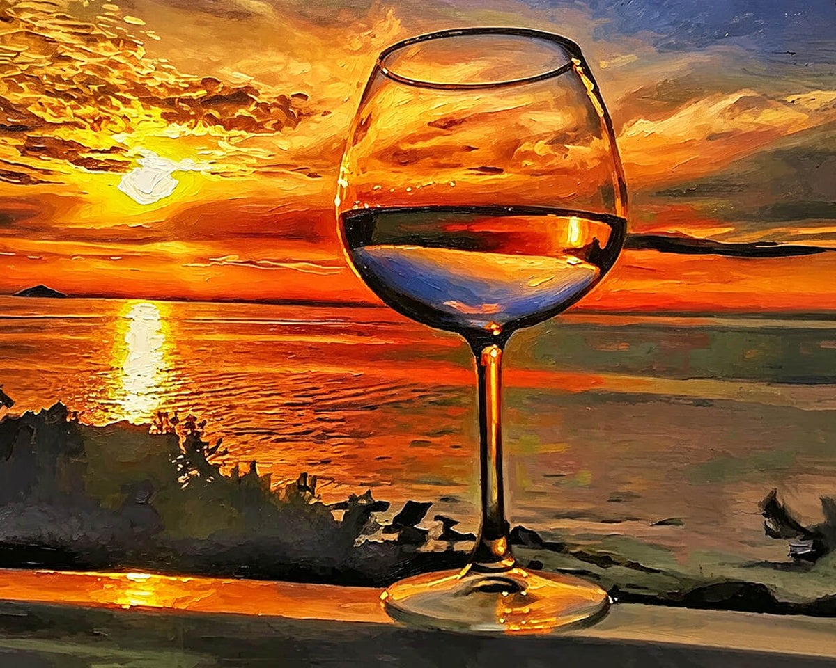 Wine glass by the sea at sunset cross stitch kit for beginners
