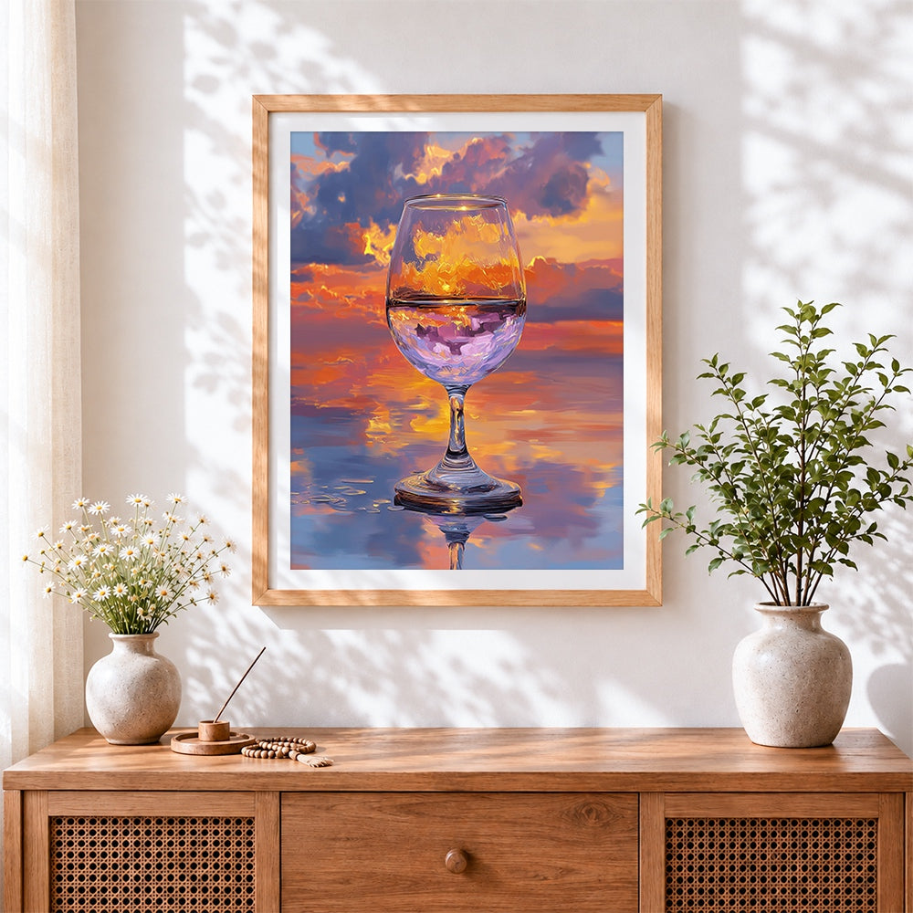 Finished wine glass reflecting sunset clouds cross stitch artwork displayed