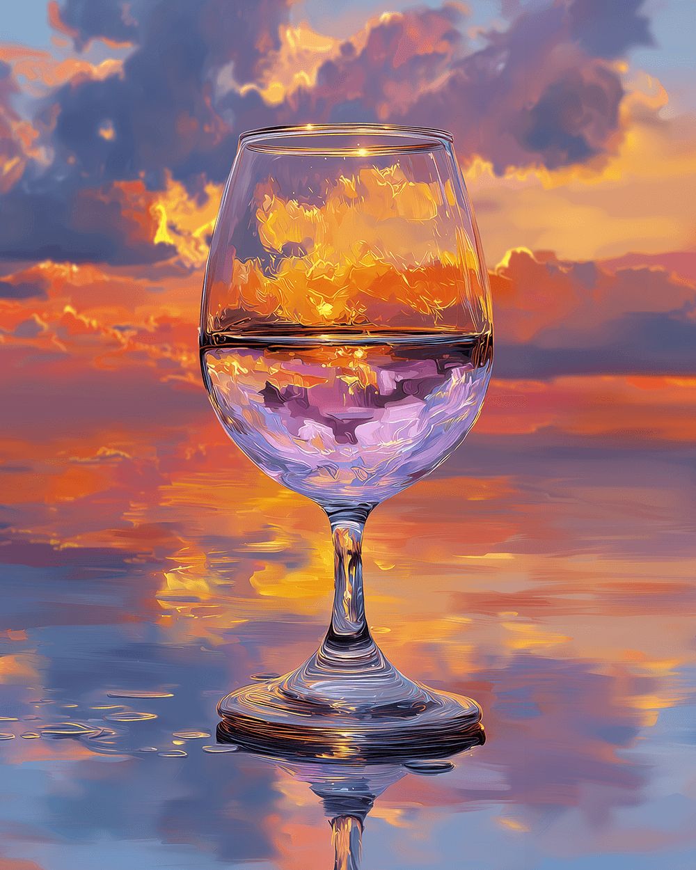 Wine glass reflecting sunset clouds cross stitch kit for beginners