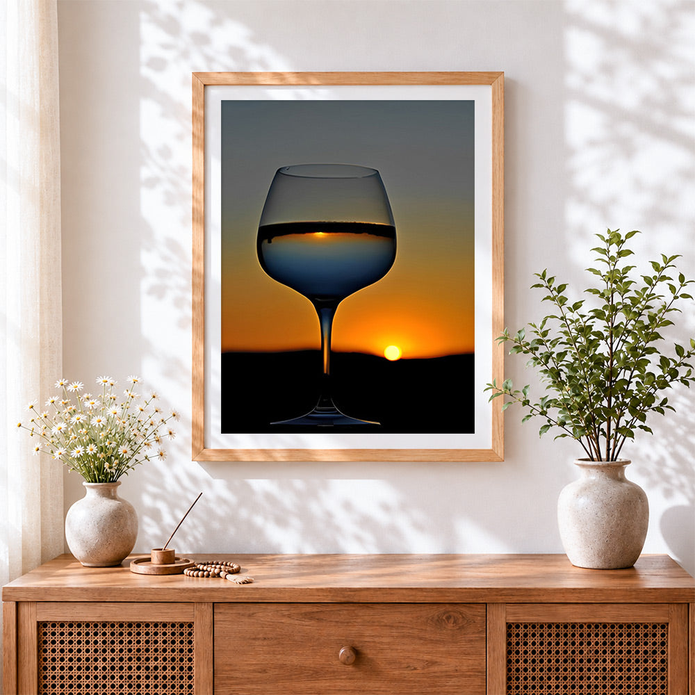 Finished wine glass sunset cross stitch artwork displayed